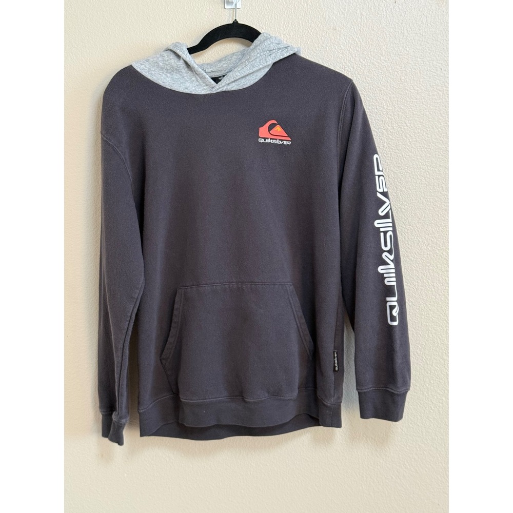 Quiksilver Boys XL Charcoal Grey Pullover Hoodie Logo Sleeve Graphic Sweatshirt